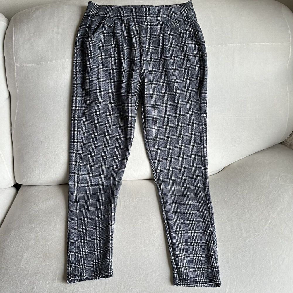 Indero Pants Mid Rise Stretch Womens Size L/ XL  Plaid Elastic Waist Pockets B44